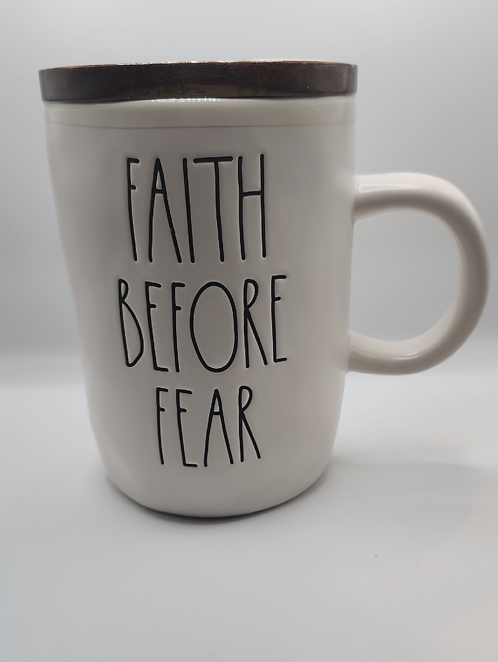 Rae Dunn FAITH BEFORE FEAR LL Mug & Original Stamped Wooden Lid Topper